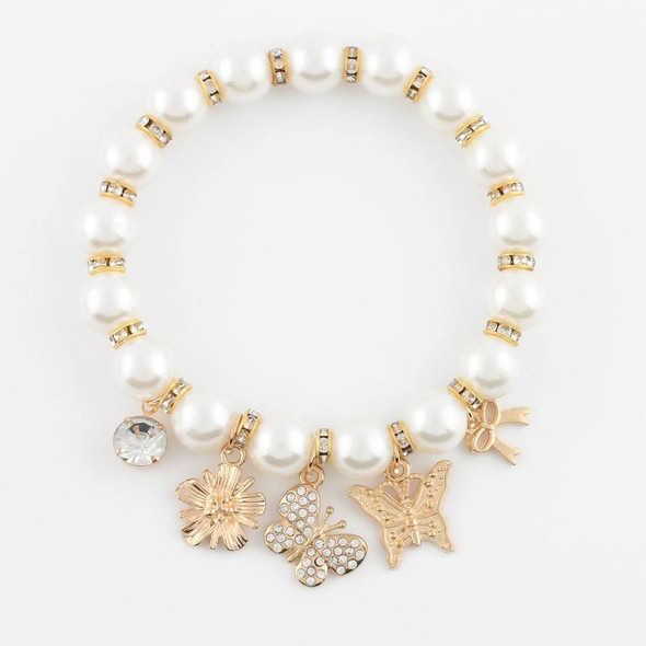 Elegant Pearl Bead Bracelet with Gold & Silver Butterfly and Flower Charms .70 each