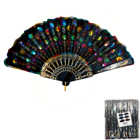 9" Sequin Sunburst Pattern Folding Hand Fan Dark Colors .70 each