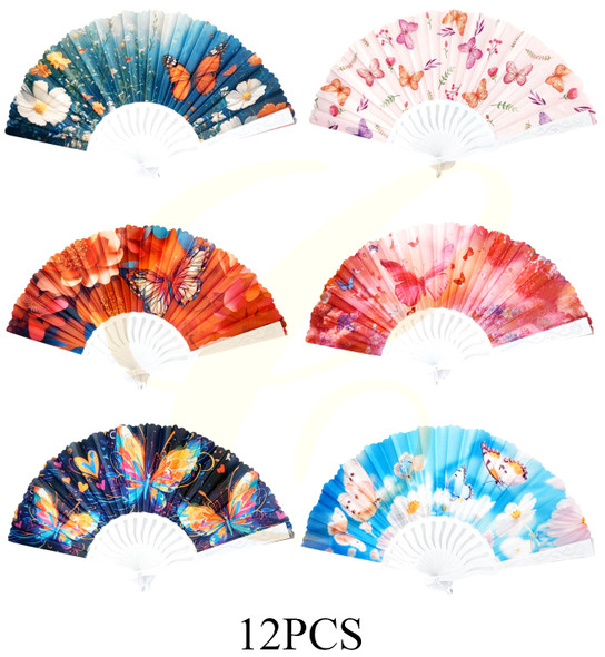 9" Butterfly & Floral Print Folding Hand Fan .70 each