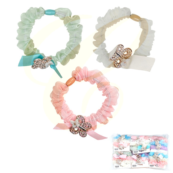 3 Pc Set Girls Rhinestone Butterfly Ruffle Hair Ties .70 each set