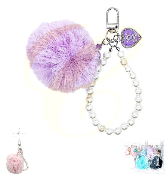 Pearl Wristlet Keychain with Faux Fur Pom Pom & Bear Charm .70 each