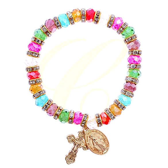 Crystal Beaded Religious Cross & Medal Stretch Bracelet .70 each