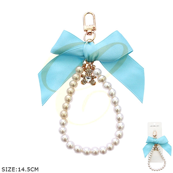 Pearl Wristlet Teddy Bear Charm Keychain w/ Ribbon .70 each
