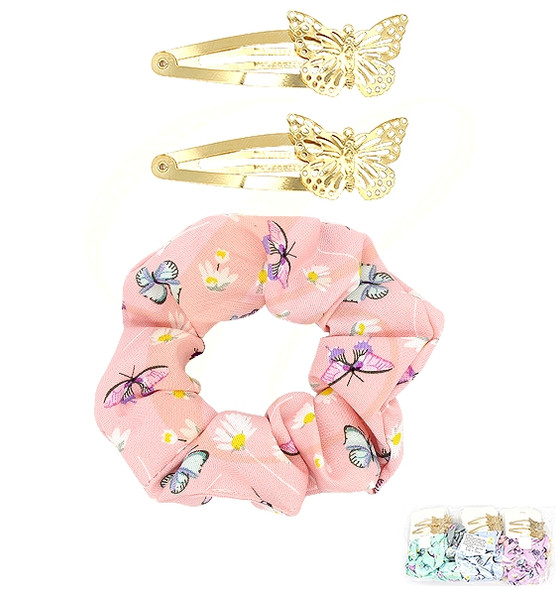 3 Pc Butterfly Printed Scrunchie & Snap Clips Hair Accessory Set .70 each set