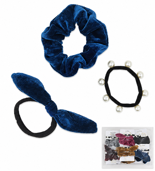 3 Pc Velvet Scrunchie, Bow Ponytail Holder & Pearl Hair Tie Set .70 each set