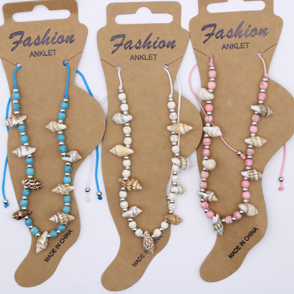 Asst Color Beaded Natural Seashell Anklet .70 each