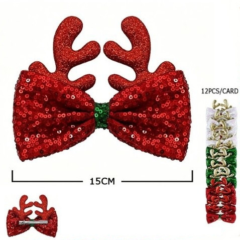 5.9" Oversized Reindeer Sequin Bow Hair Clip .70 each