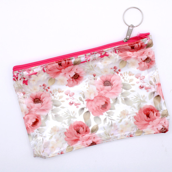 7" Floral Clear Zipper Cosmetic Pouch with Key Ring .70 each