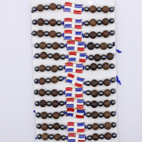 Dominican Republic Flag Wood & Hematite Beads Bracelet .70 each