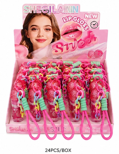 Sweet Raspberry  Lip Gloss Keychain + Wrist Strap 24 pcs per display $1.50 each