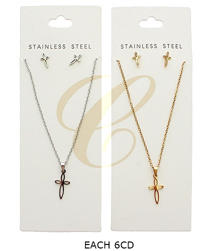 17.7" Adjustable Stainless Steel Open Cross Necklace & Stud Earring Set .75 each set