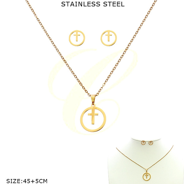 17.7" Adjustable Stainless Steel Circle Cross Necklace & Stud Earring Set .75 each set