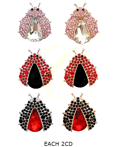 1.4" Rhinestone Ladybug Brooch with Oversized Crystal .70 each