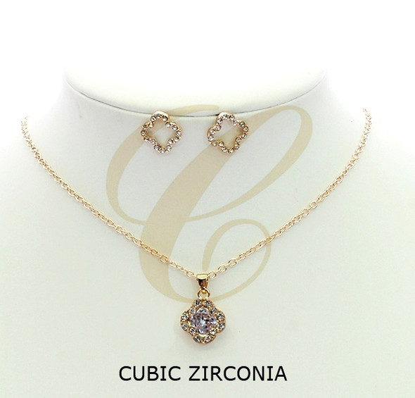 Cubic Zirconia Quatrefoil Pendant Necklace & Stud Earring Set .70 each set