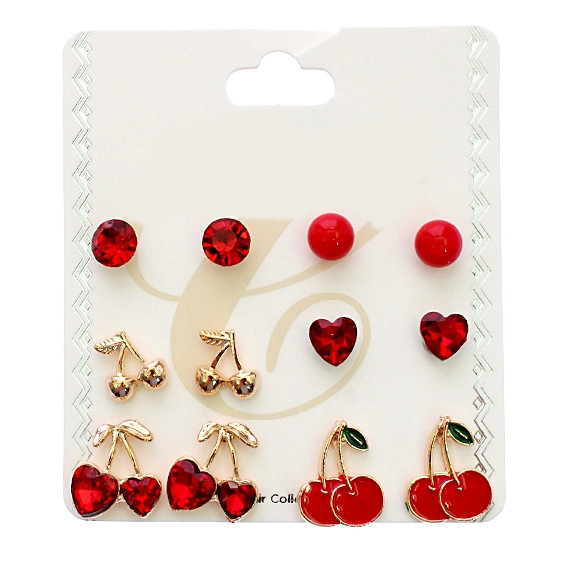 6 Pair Cherry, Heart & Rhinestone Stud Earring Set .70 each set