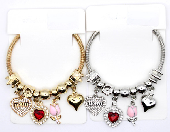 Mom Heart & Rose Charm Bracelet with Rhinestones .70 each