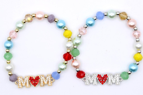 Multicolor Pearl & Crystal Beaded MOM Heart Stretch Bracelet .70 each