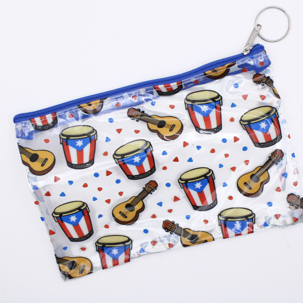 7" Puerto Rico Flag Print Clear Zipper Pouch with Key Ring .70 each