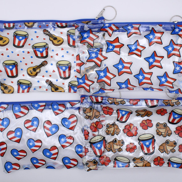 7" Puerto Rico Flag Print Clear Zipper Pouch with Key Ring .70 each