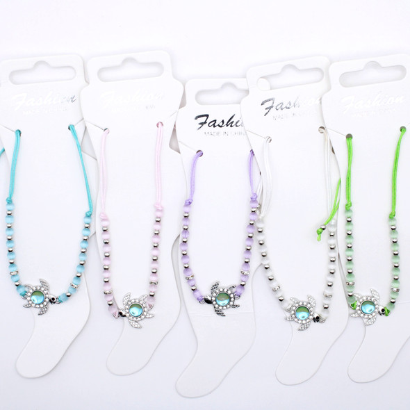 Pastel Beaded Rhinestone Turtle Charm Adjustable Anklet .70 each