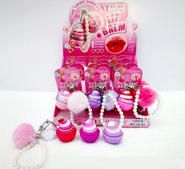 Lip Balm Keychain with Pearl Strap & Pom-Pom 12 Pc Display $1.50 each