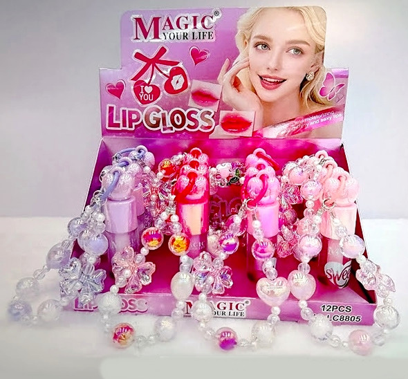 Lip Gloss Keychain with Beaded Charm Strap 12 Pc Display $1.50 each