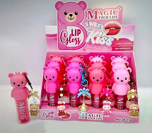 Sweet Kiss Bear Lip Gloss Keychain with Charms 12 Pc Display $1.00 each