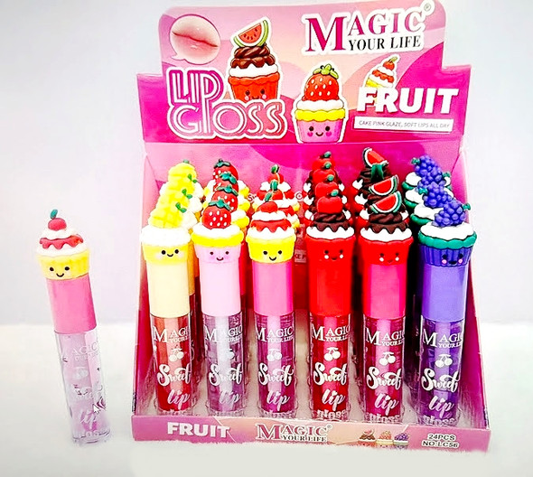 Fruit Cake Lip Gloss with 3D Dessert Caps 24 Pc Display .75 each