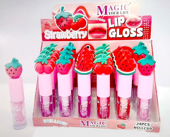 Strawberry & Fruit Lip Gloss with 3D Fruit Caps 24 Pc Display .75 each