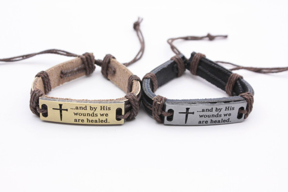 Teen Leather Bracelet Metal "BY WOUNDS WE ARE HEALED" Blk/Brown .70 each