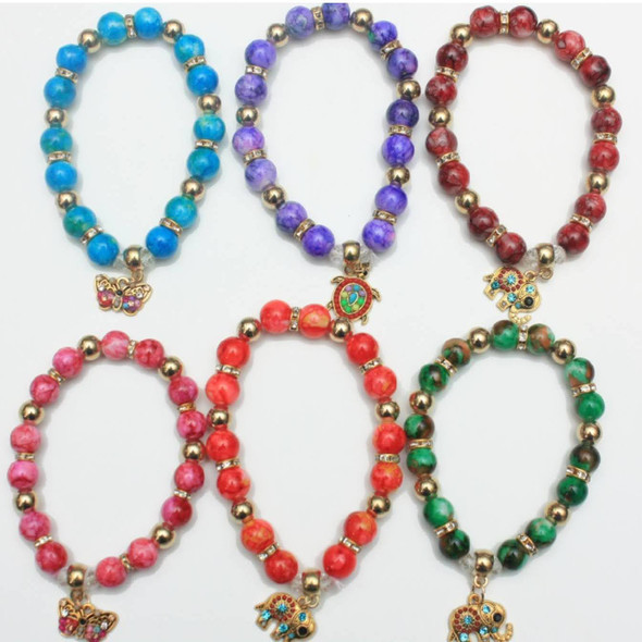 Glass MBL Beaded Stretch Bracelet w/ Cry. Stone Butterfly Charm .70 each