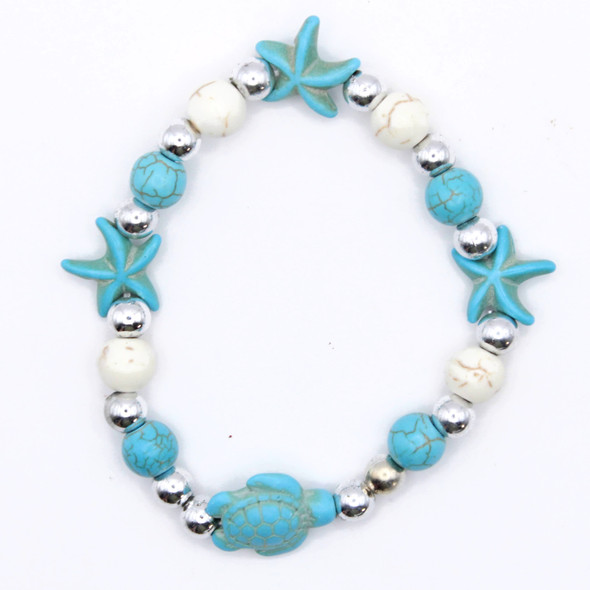 Turquoise Sea Turtle & Starfish Beaded Stretch Bracelet .70 each