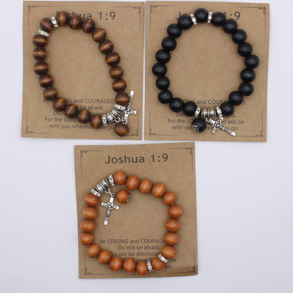 Wooden Beaded Cross Charm Stretch Bracelet .70 each