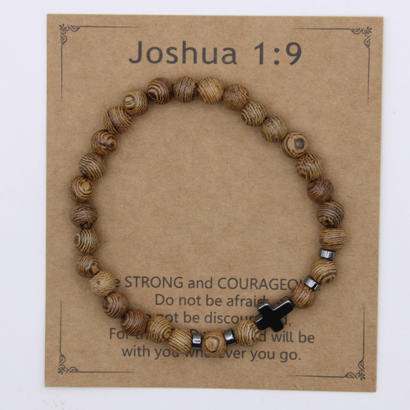 Natural Wood Beaded Stretch Bracelet with Hematite Cross .70 each