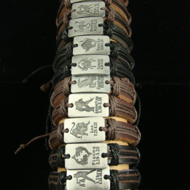 Black & Brown Teen Leather Bracelet w/ Silver Zodiac Signs .58 ea