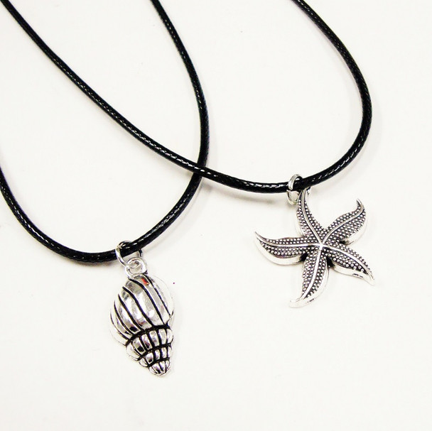 Leather Cord Necklace w/ Silver Starfish & Shell Pend. 24 per pack .33 ea