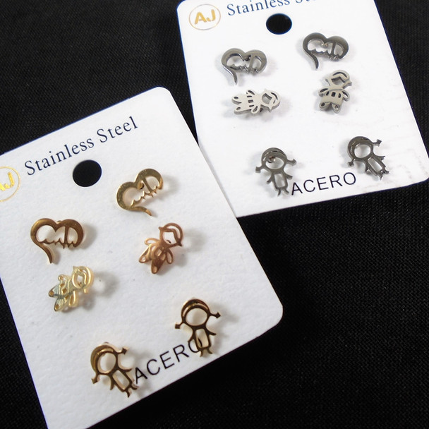 3 -Pair Gold & Silver Stainless Steel Earrings Kids Theme  .58 per set 