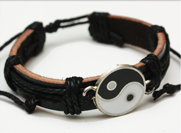 Teen Leather Cord Bracelet w/ Blk & White Ying Yang Silver Frame .58 each