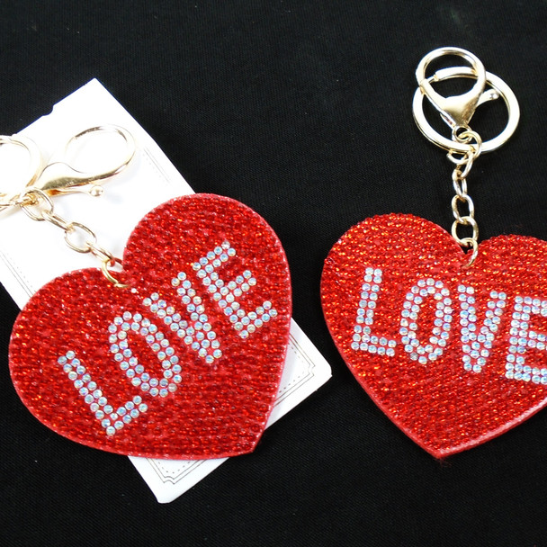 2.75" RED Crystal Stone LOVE  Heart Shaped Keychains   .62 ea