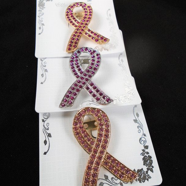 Gold & Silver Ribbon Awareness Broaches w/ Pink Crystal Stones  .60 ea