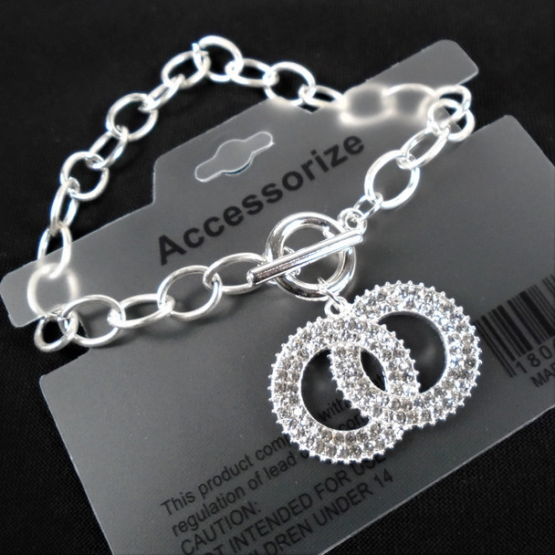 8" Silver Toggle Link Bracelets w/ Crystal Stone DBL Heart Charm  .58 each 