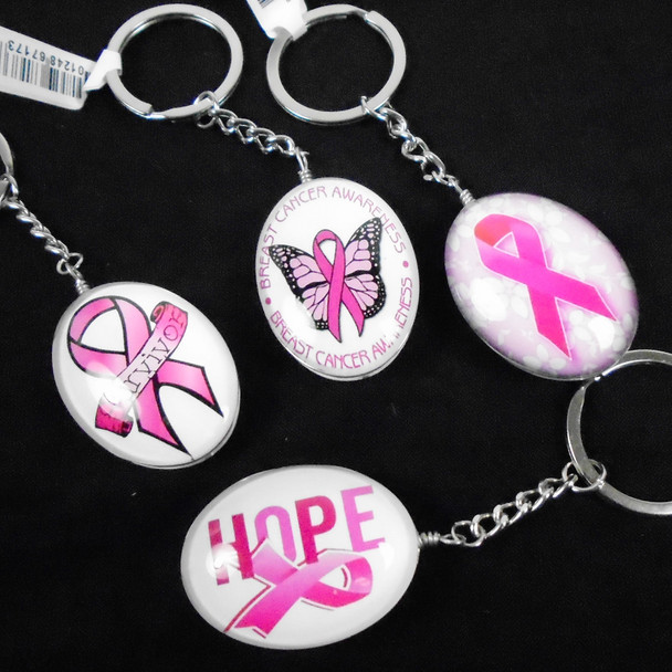 BEST QUALITY  Oval Glass Pink Ribbon Theme Key Chains Mixed Styles  .66 ea