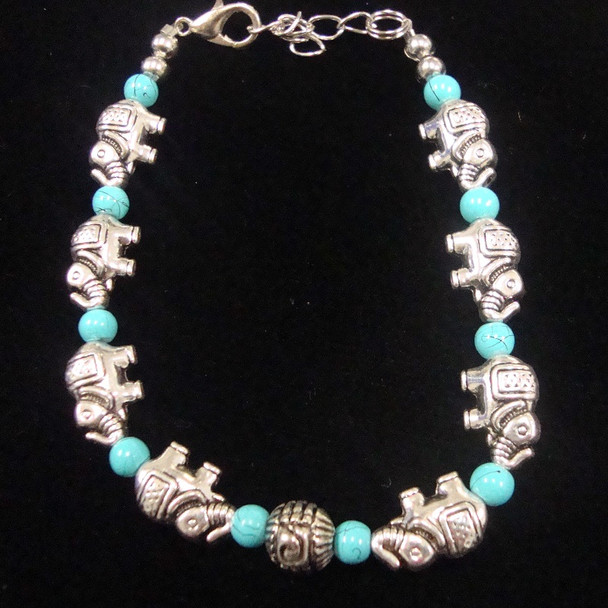 Cast Silver Elephant Bracelet w/ Turquoise Beads .60 ea