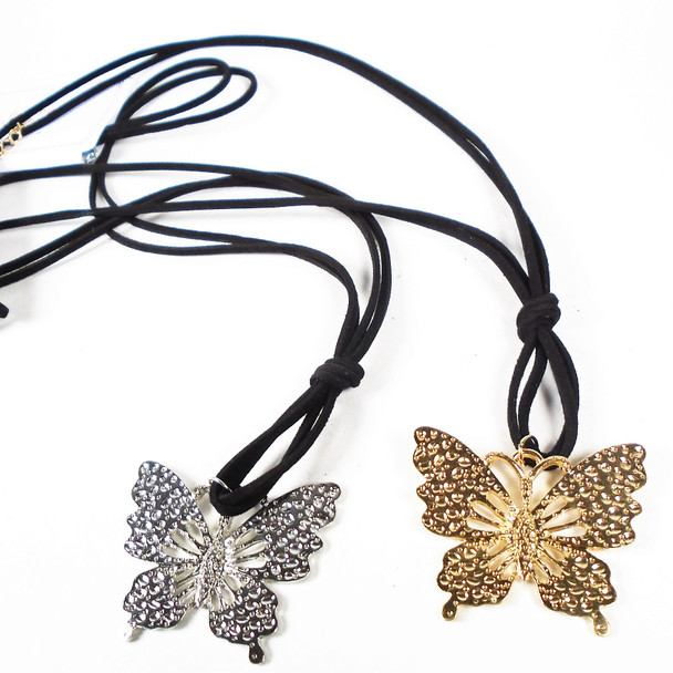 24" Black Suede Necklace w/ Gold & Silver Butterfly Pendant .60 ea