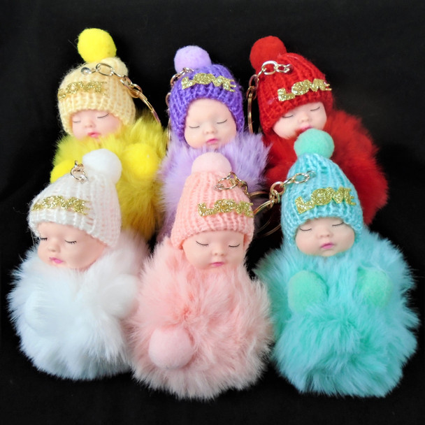 Cute Handmade Baby Pom Pom Keychain w/ Knit Cap Pastels  .60  ea