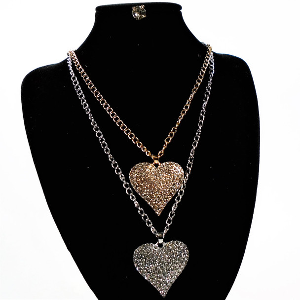 Gold & Silver Chain Necklace Set w/ Cry. Stone Heart  .60 per set 