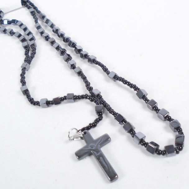 36" Square Hematite Bead Rosary w/ Cross w/ Jesus  .62 ea