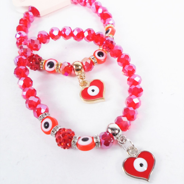  All Red Crystal Beaded Bracelets w/ Evil Eye Beads & Heart Charm  .60 ea