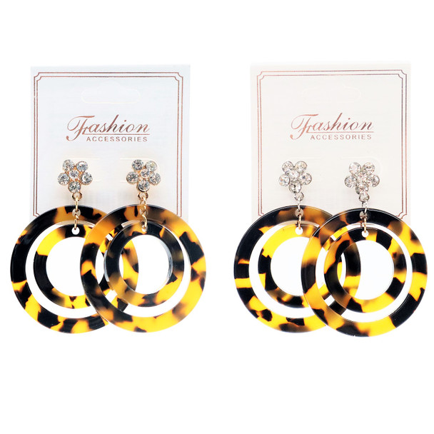 2" Tortoise Lucite Fashion Earring w/ Crystal Stones Flower  .58 per pair 