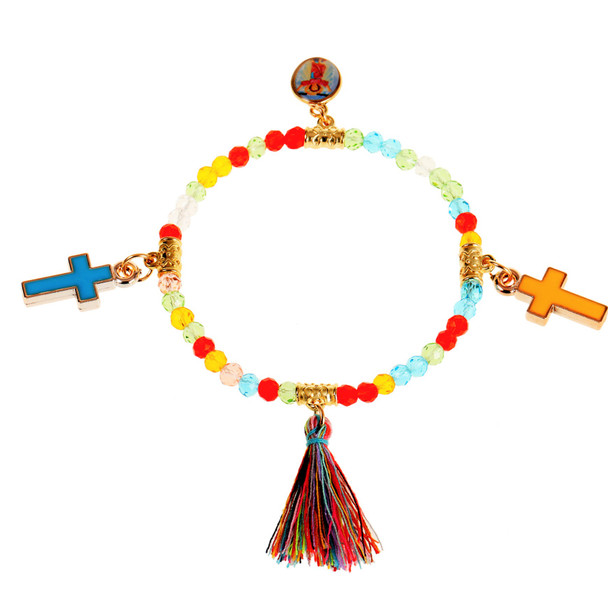 Colorful Crystal Beaded Bracelets w/Mixed Faith Charms  & Tassel  12-  per cd  .58 each